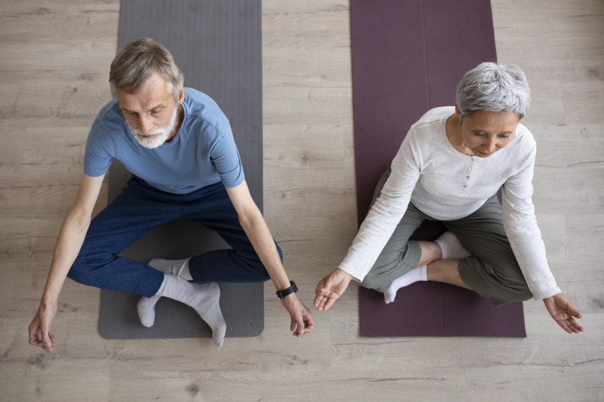 pilates elderly together yoga breathing focus healthy