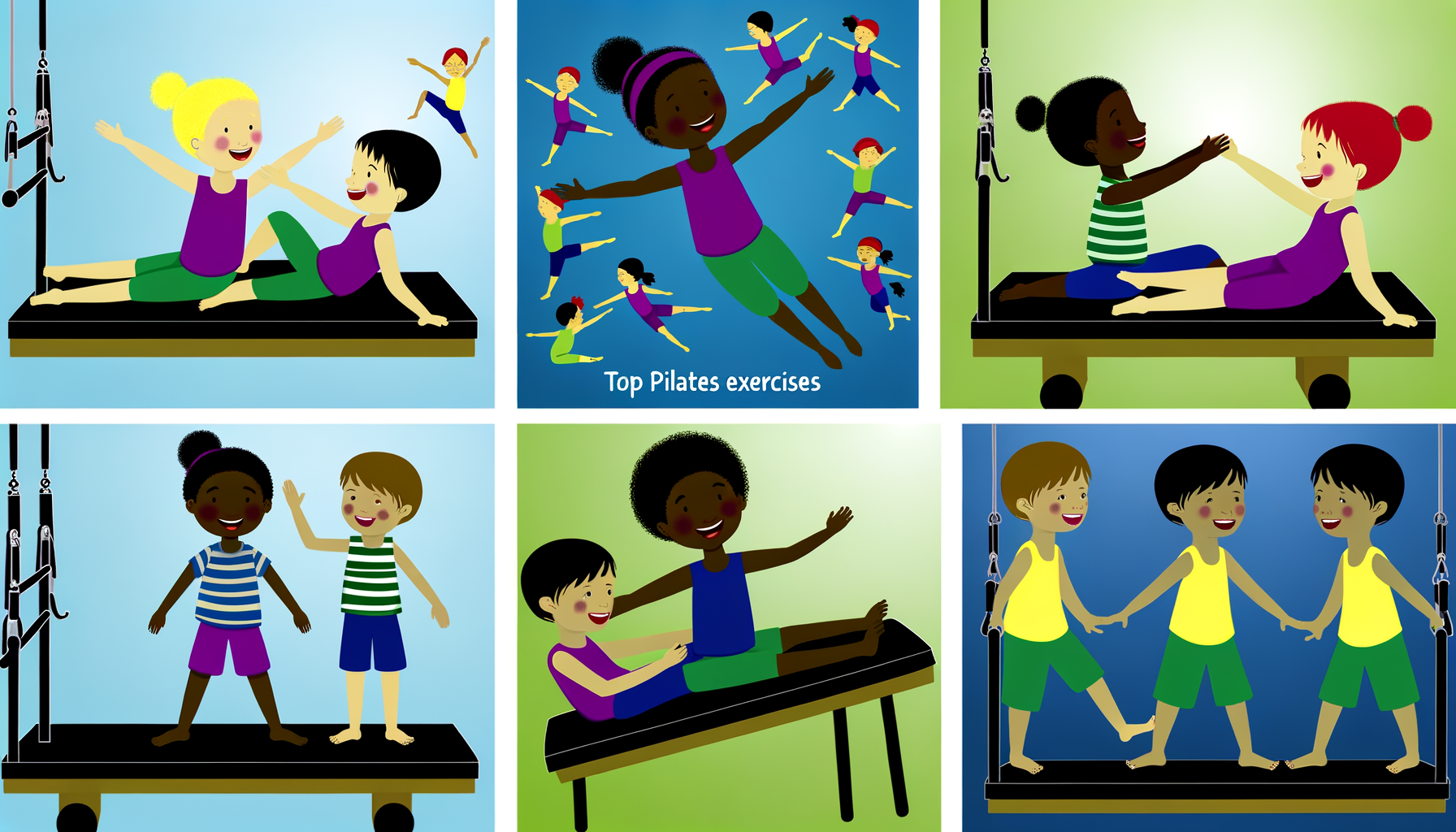 A vibrant illustration showcasing children engaging in various Pilates exercises. The image highlights the joy and interaction during workout sessions, featuring diverse characters in playful poses.