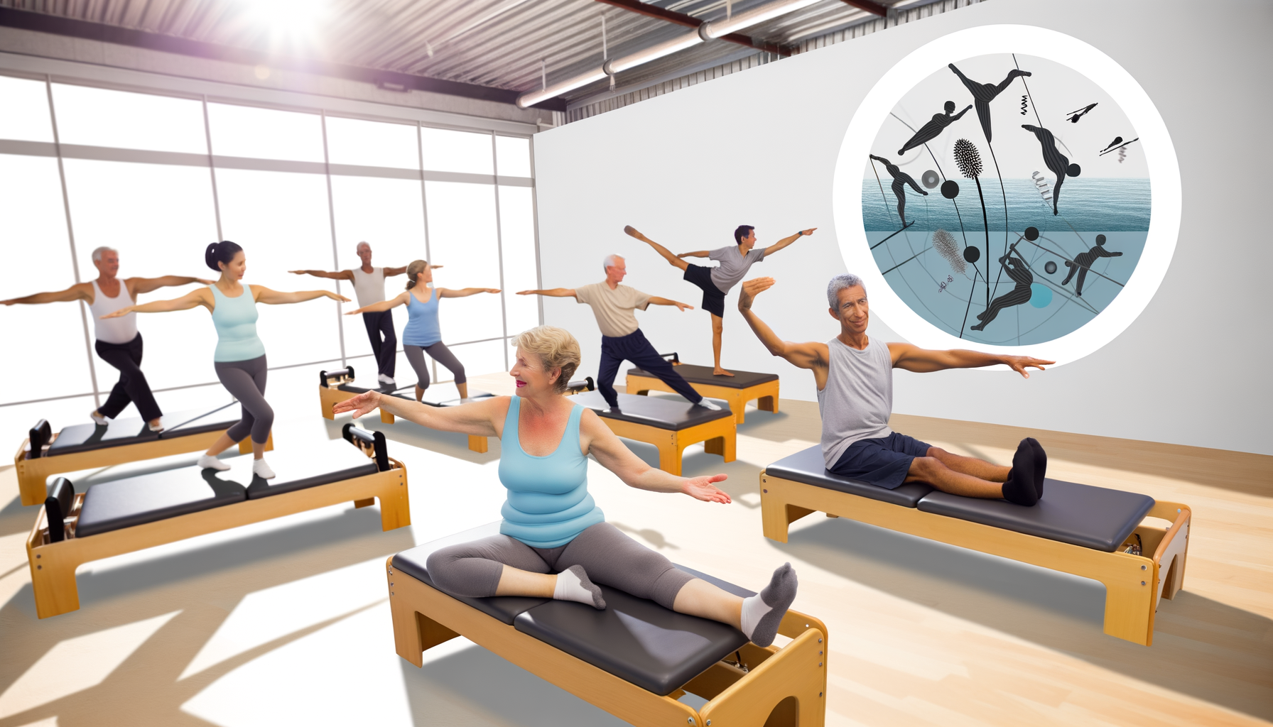 A diverse group of seniors and younger participants engaging in a Pilates class in a bright studio. The atmosphere promotes fitness and wellness.