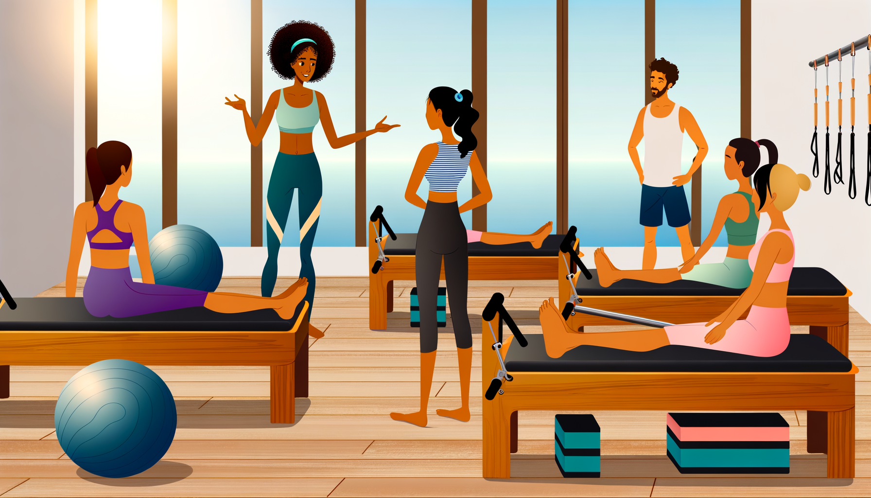 A vibrant Pilates class featuring a diverse group of participants engaging in a dynamic workout session led by an enthusiastic instructor. The studio has large windows with beautiful views, creating an inviting atmosphere.