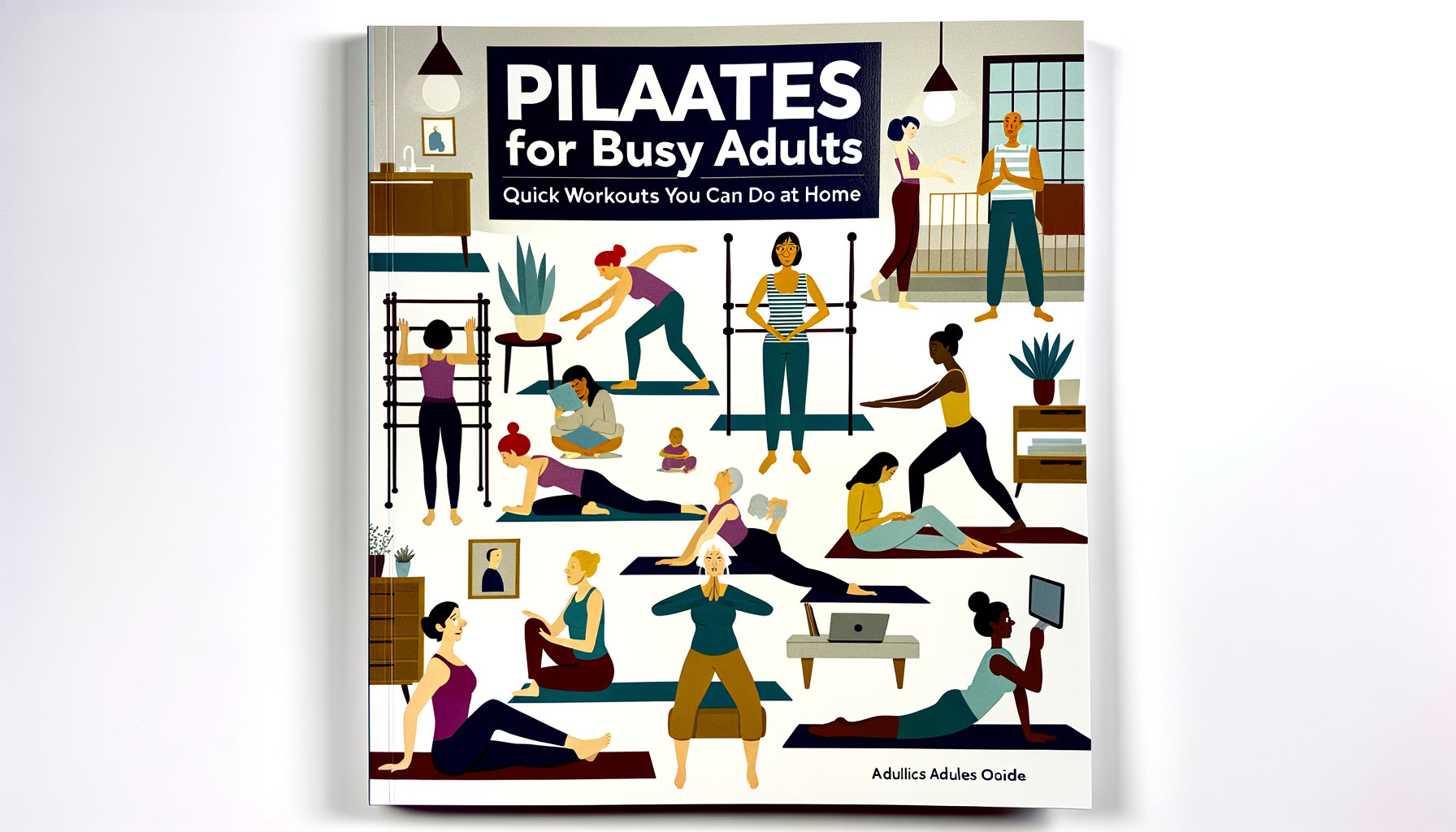 A comprehensive guide featuring quick Pilates workouts designed specifically for busy adults to do at home. The book showcases various exercises illustrated with engaging graphics.